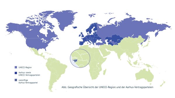 Karte der Mitglieder der Wirtschaftskommission für Europa der Vereinten Nationen (UNECE) und der Aarhus-Vertragsparteien